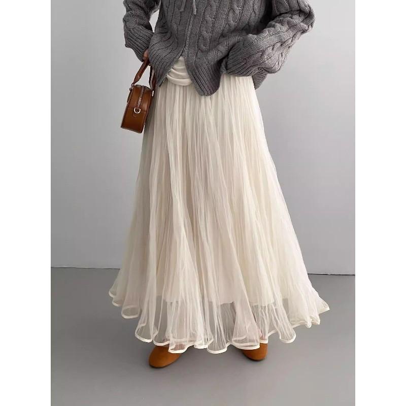 Qooth Tulle Pleated Midi Skirt Elastic High-Waist Draped Skirt Flowy Fairy Half Skirt for Women QT2987