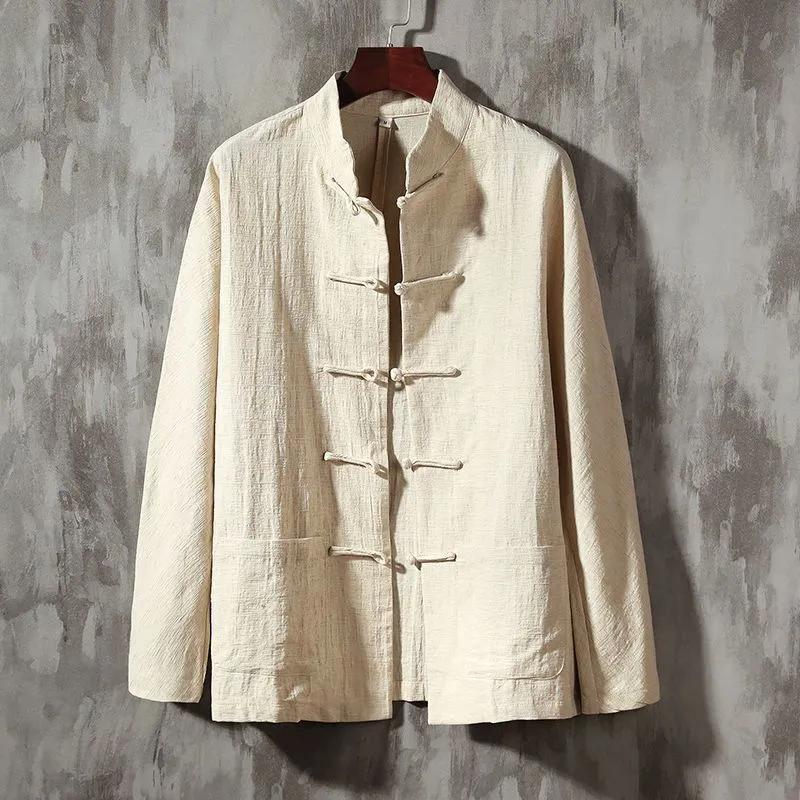 Men's Thin Long-sleeved Chinese Style Shirt Solid Color Stand-up Collar Retro Casual Tang Suit
