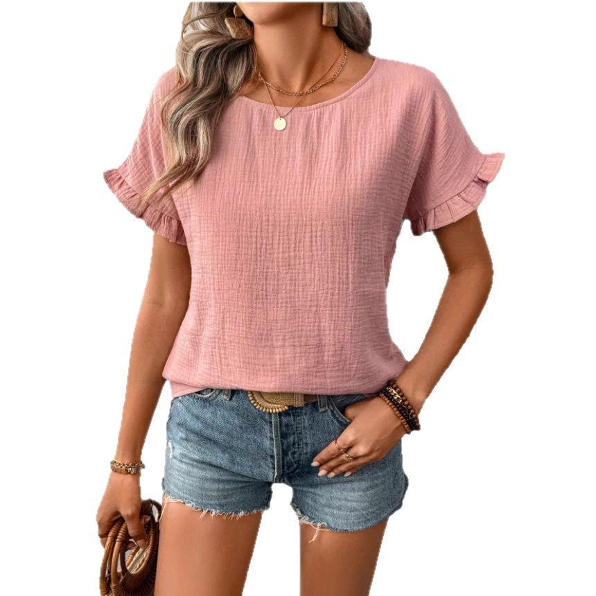 Women Summer Ruffles Short Sleeve O Neck Back Button Solid Color Pullover Shirt Top
