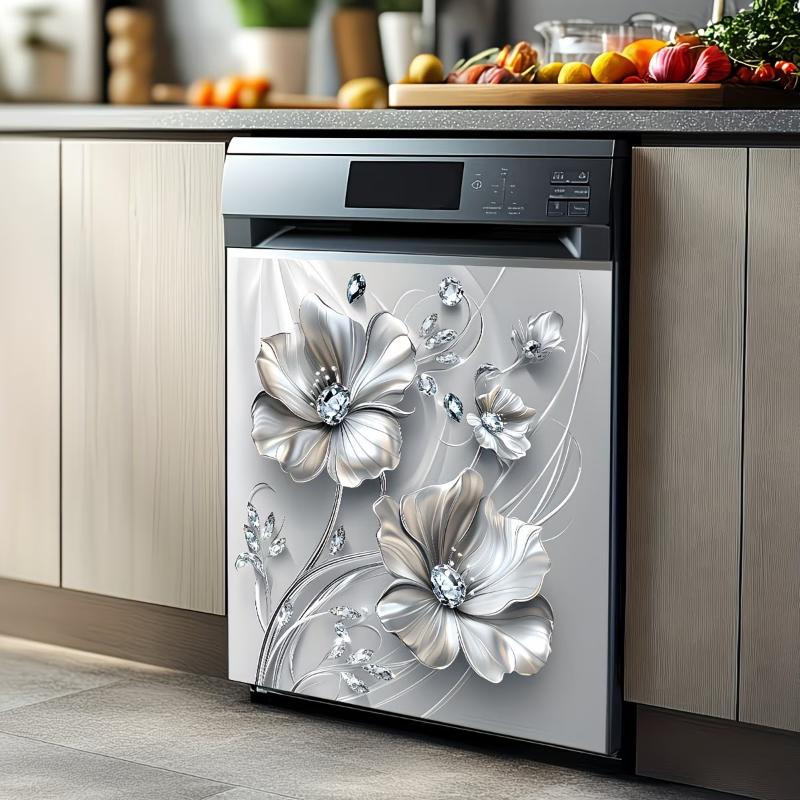 Silvery Floral Decal Kitchen Fridge Dishwasher Sticker Self-Adhesive Removable Wall Decals Home Decor