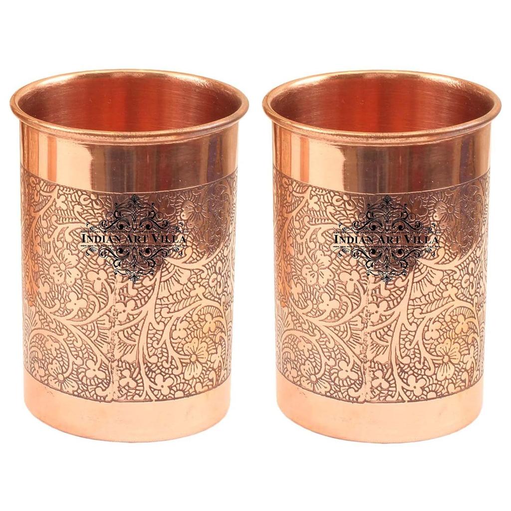 Copper Drinkware Gift Set of Embossed Design 1 Bottle & 2 Glass with Gift Box, Gift Item for Diwali, Bottle-600 ml & Glass-300 ml
