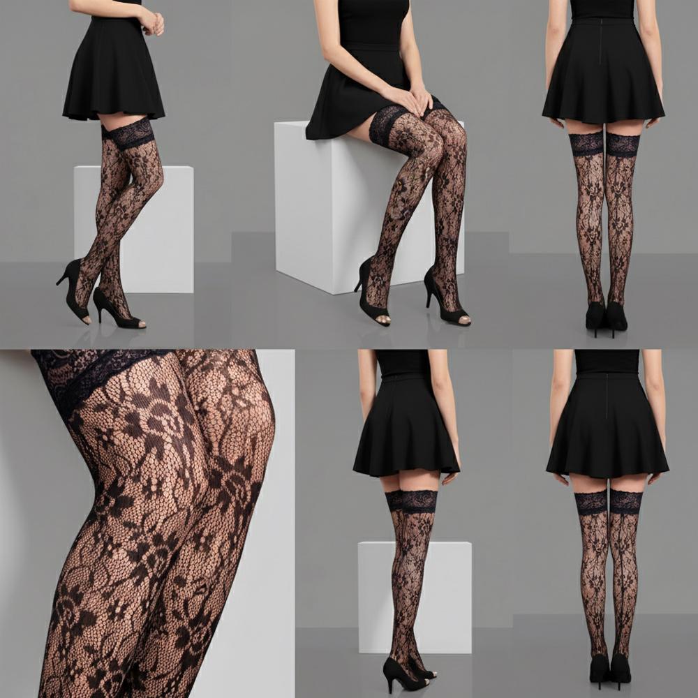 Sheer Thigh High Stockings Wide Lace Trim Mesh Pantyhose Over Knee Stockings Summer Suitable