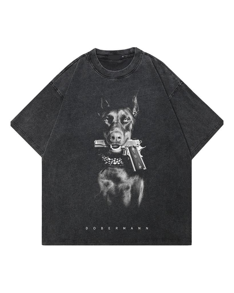 Streetwear Funny Doberman Dog Graphic, sprana czarna koszulka