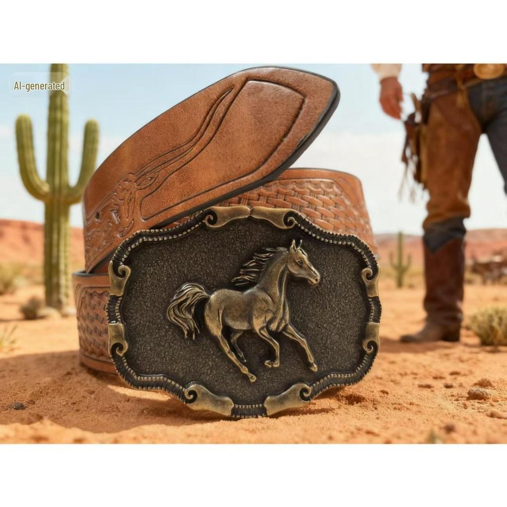 Men's Fashionable Denim Belt with Embossed Horse & Floral Design – Retro Casual Leather Accessory