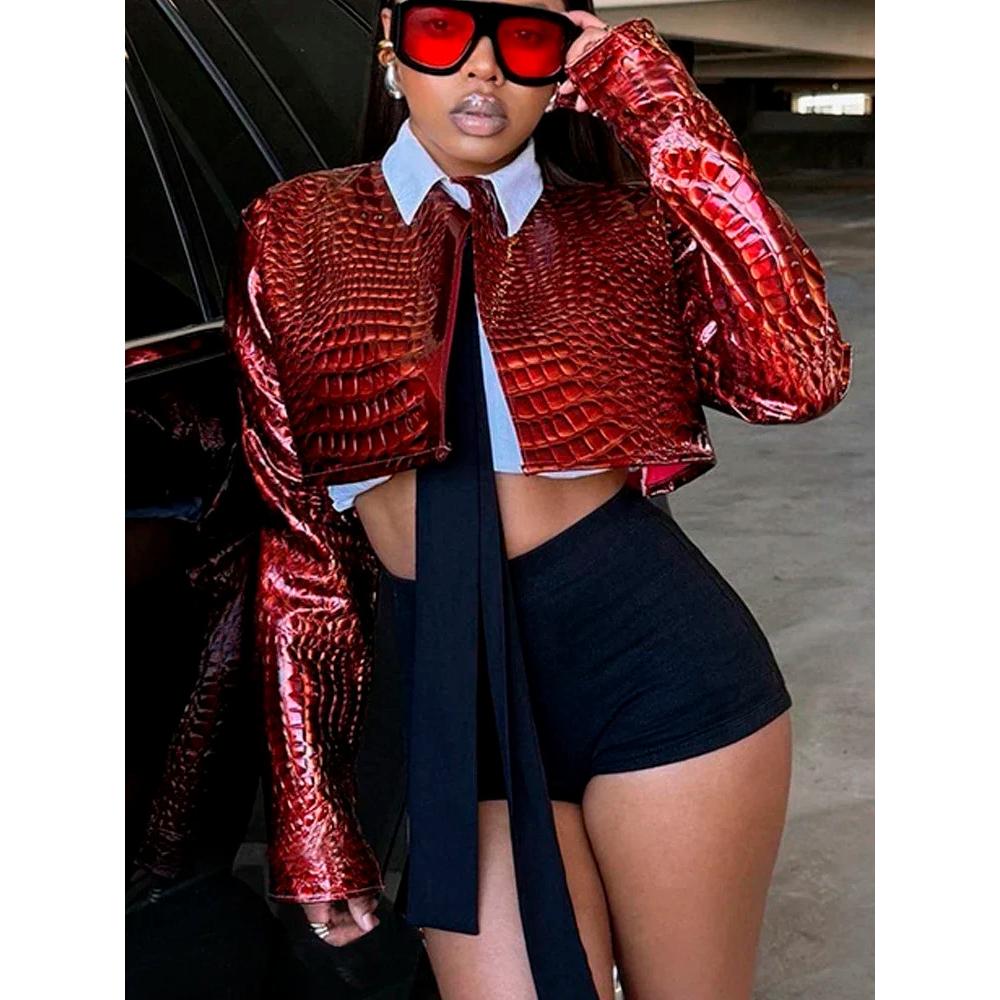 Retro Motorrad Sexy Kunstleder Crop Jacke Damen Herbst Winter Mode Schlangenprint Streetwear Y2k Langarm Kurze Mäntel Weiblich