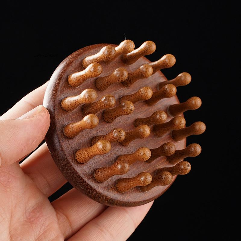 Portable Multi-Functional Wood Massage Comb Circular Tooth Guasha Scalp Head Massager with Ring - Therapy & Relaxation Tool