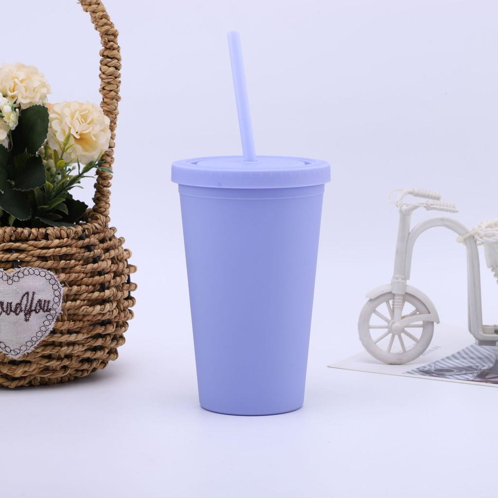 16/24 oz doppelwandiger Plastikbecher mit Strohhalm, Kaffeebecher, gefrosteter Plastikbecher, handlicher Wasserbecher, leicht zu tragen, Strohhalm, Wasserkocher, Sportflasche