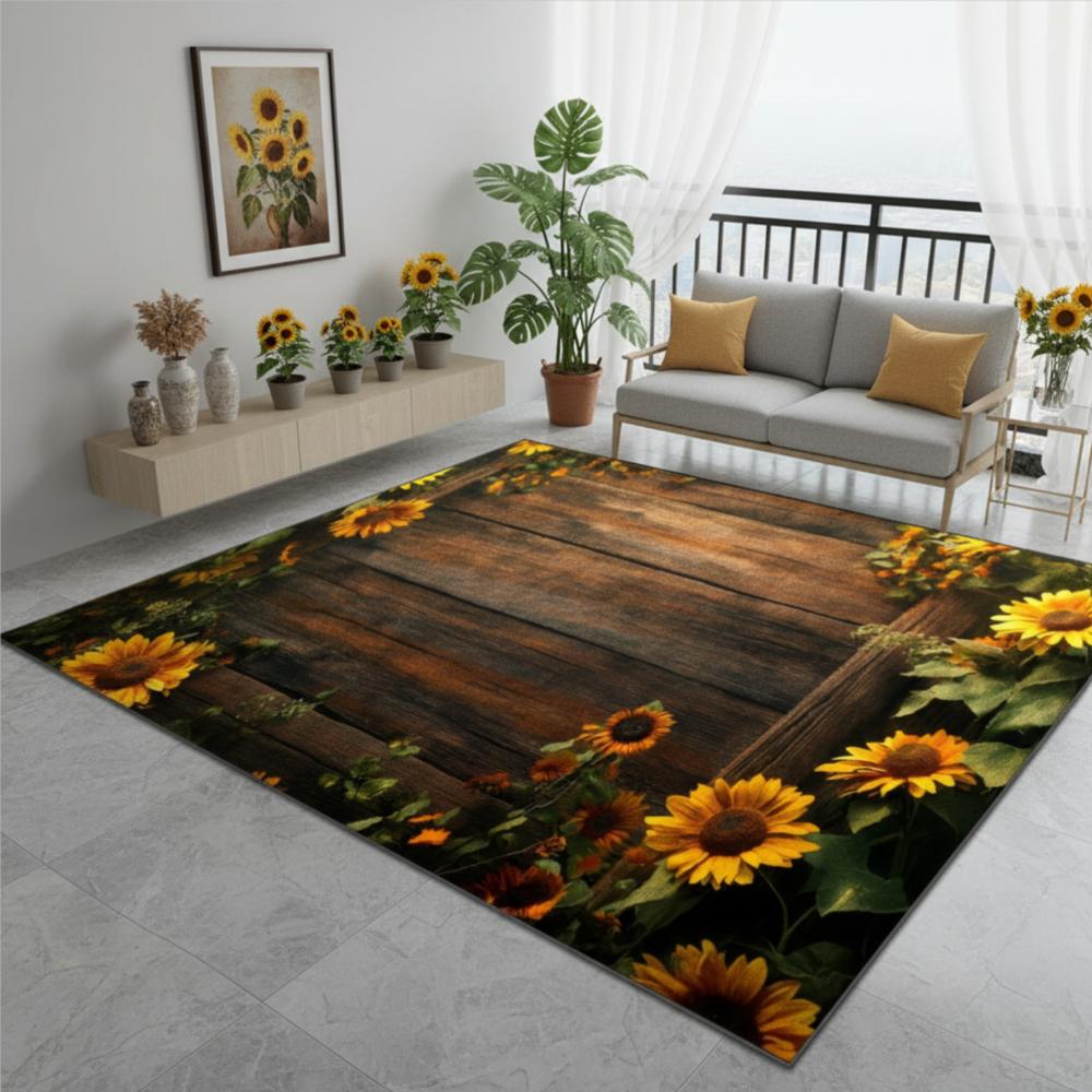 Washable Sunflower Wood Grain Patterned Rugs for Living Rooms, Bathroom Mats, Room Decorations, Large Soft Carpets for Bedrooms