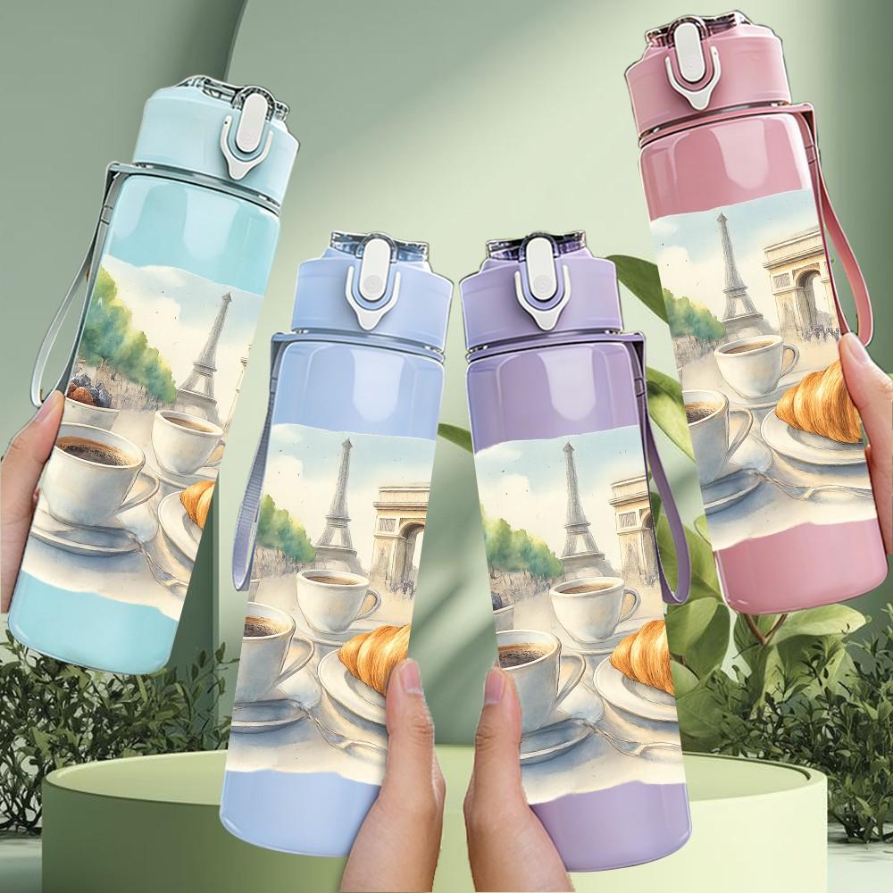 1PC Eiffel Tower Coffee Croissant 750ml Color Plastic Sports Water Bottle Leakproof Flip Straw Lid Suitable for Sports Office Home Use