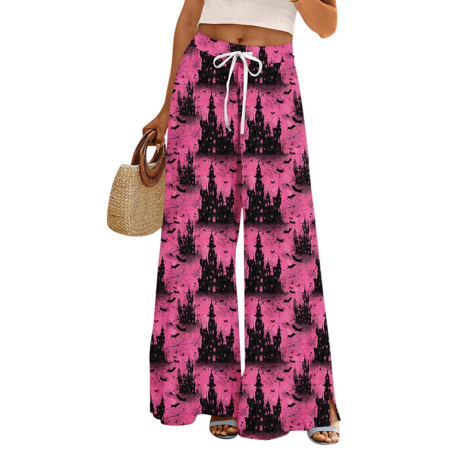 

Ladies Loose And Casual Halloween Printed Wide Leg Pants With Elastic Waistband Drawstring And Pocket Pants XL рожевий