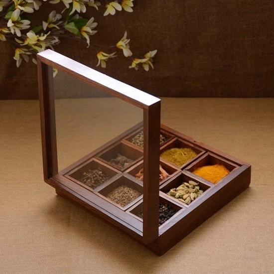 1 Masala Box For Kitchen Wooden Masala Box Sheesham Wood Spice Box for Kitchen Masala Dabba Wooden Masala Dani See Through Lid 9 Containers