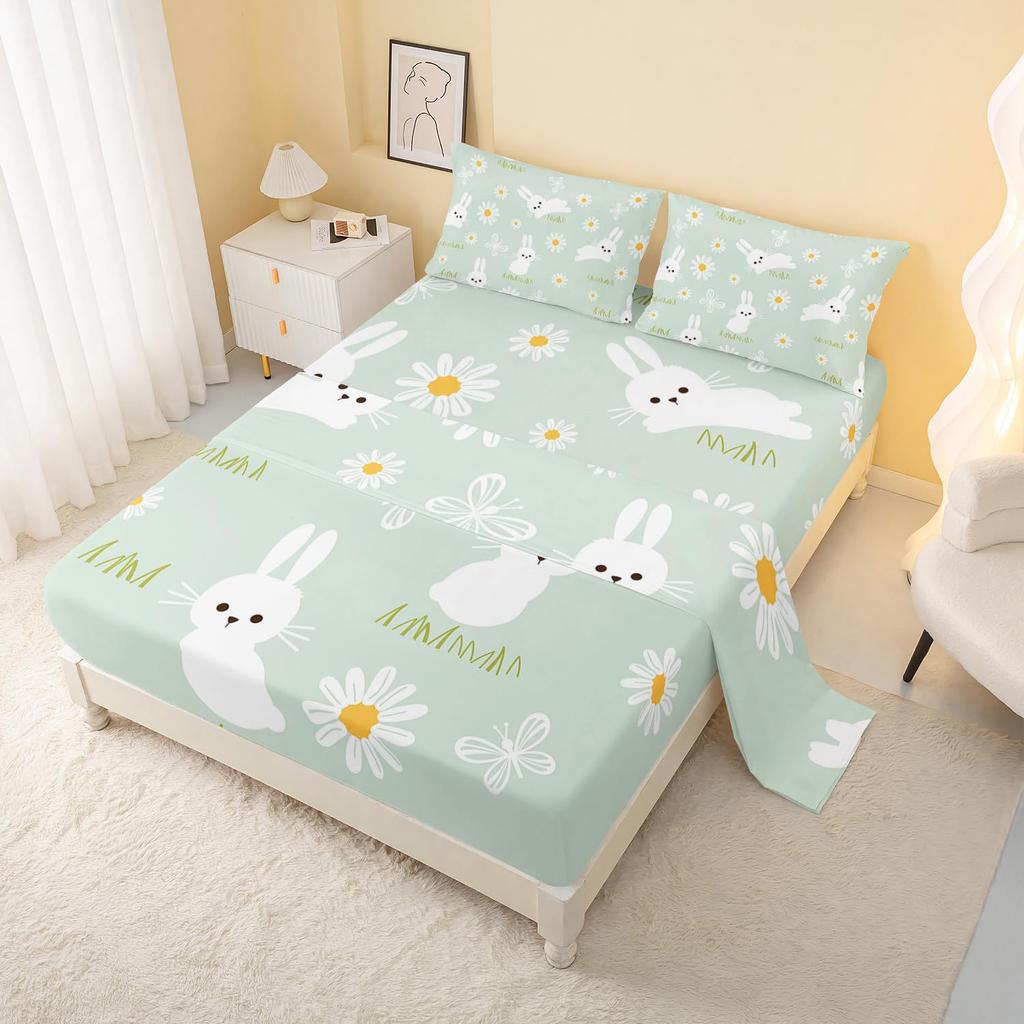 Cartoon Space Bunny Pattern Bed Hat Four-Piece Bedding Set Bedroom Dormitory Bedding Decoration