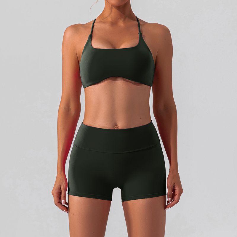 

Fashion New Nude Feel Brushed Yoga Clothes Gym Running Fashion Quick-Drying Sports Yoga Suit Women s Two-Piece Suit Bra + shorts/dark green S/4