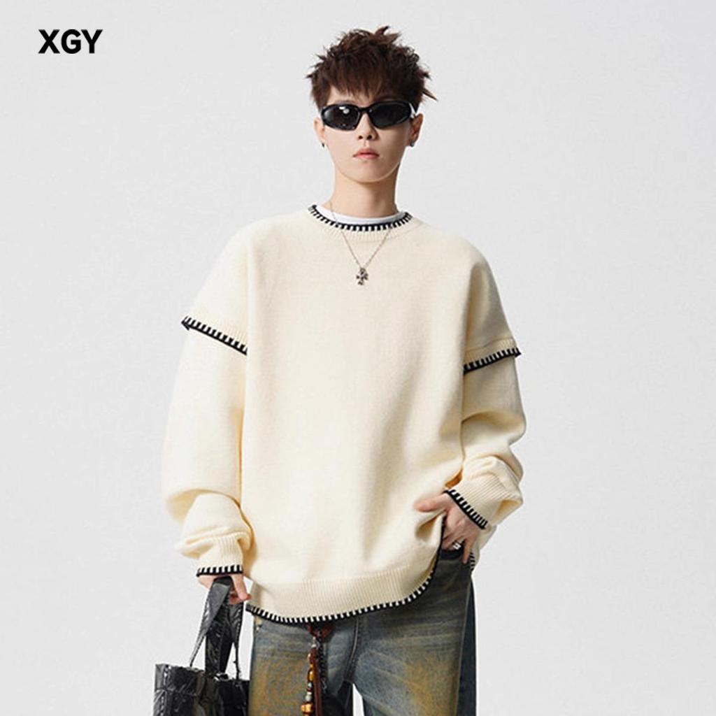 Men's Trendy Hand-Stitched High-End Knit Sweater with Contrasting Colors - Versatile and Stylish Base Layer