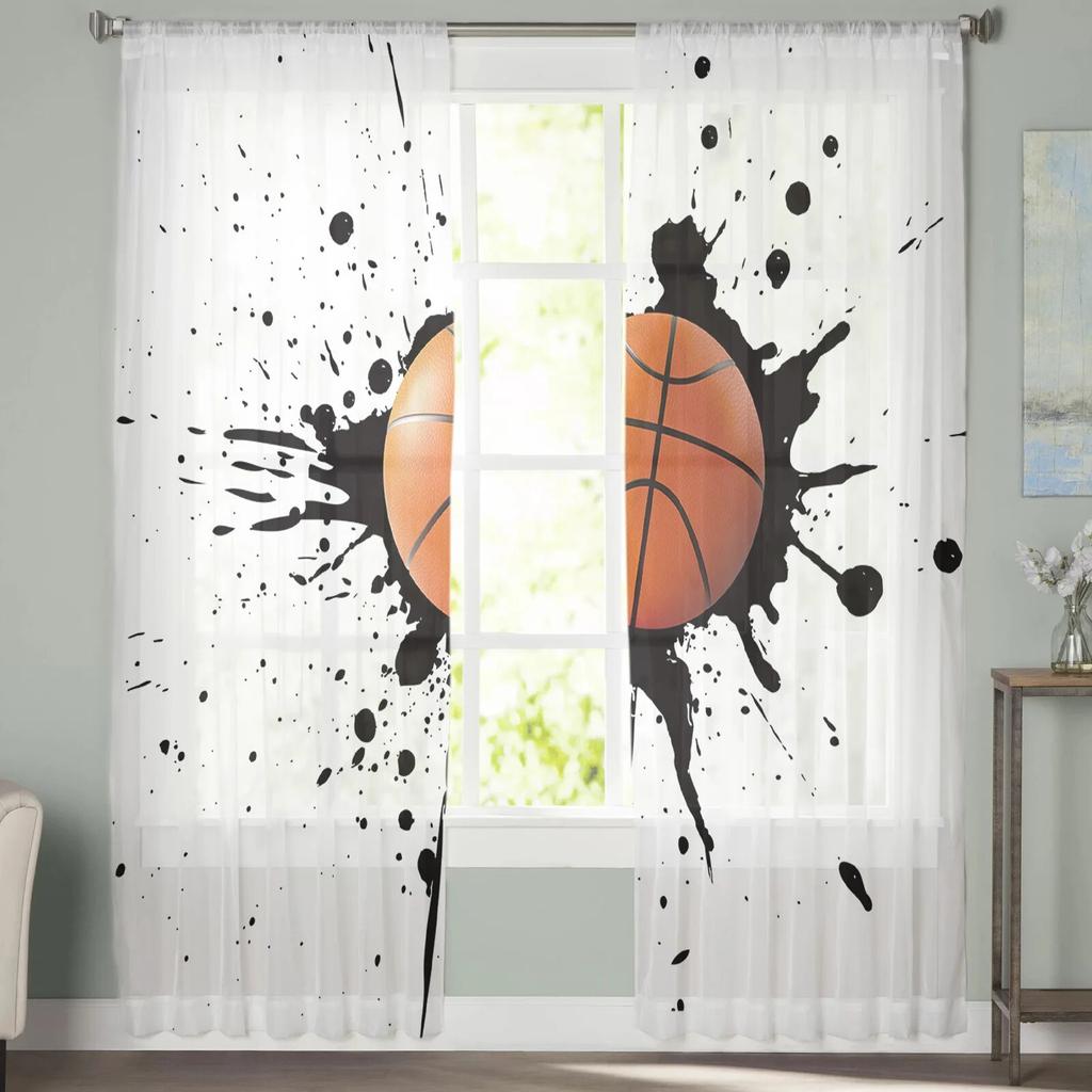 Ink Splash Basketball Sport Sheer Curtains Window Tulle Curtains For Living Room Bedroom For Kitchen Veiling Curtains Decoration