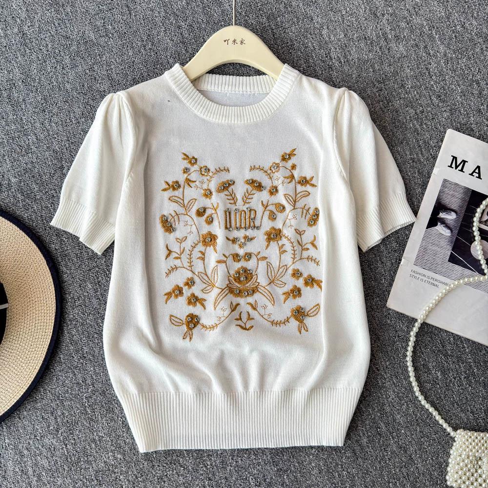 

Летний женский дизайнерский свитер с круглым вырезом, вышитый цветами, бисером и бриллиантами, трикотажный свитер, пуловер, топы, футболка One Size белый