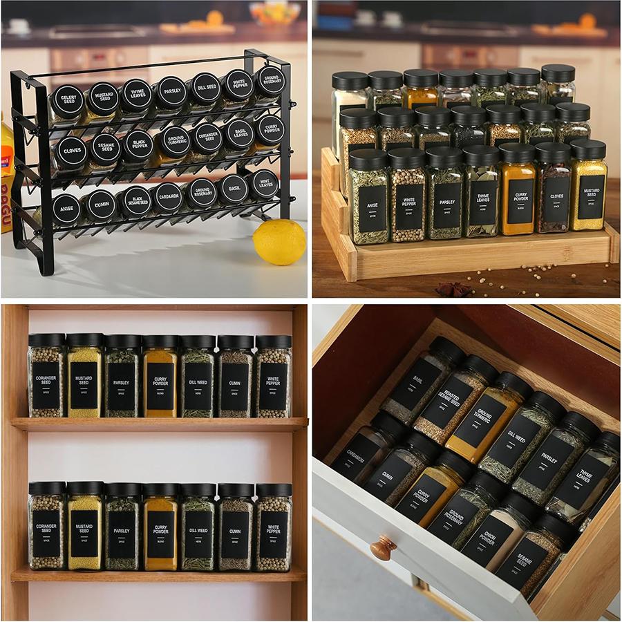 24 Pcs Spice Jars with Label Glass Spice Jars with Black Metal Caps Shaker Lids Funnel 4oz Seasoning Containers Bottles