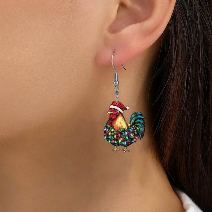 Cross-border new colorful light strings, cock earrings, flat acrylic Christmas gifts, creative funny animal earrings.