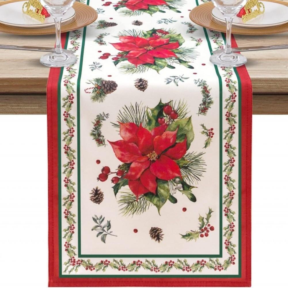 Poinsettia Flower Pattern Christmas Table Runner Long Length Rectangular Shape Table Decor Cloth Linen Material