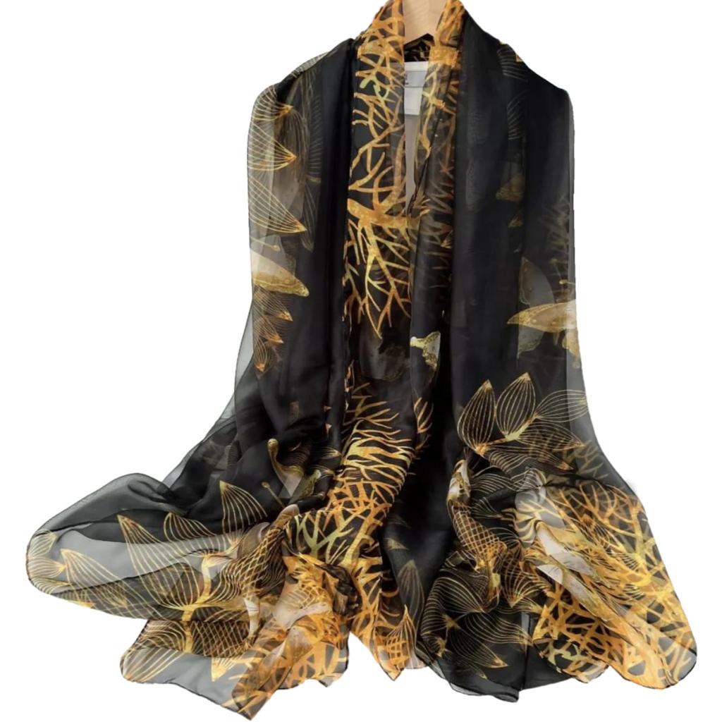 Elegant Shawl with a Leaf Motif in Gold and Black