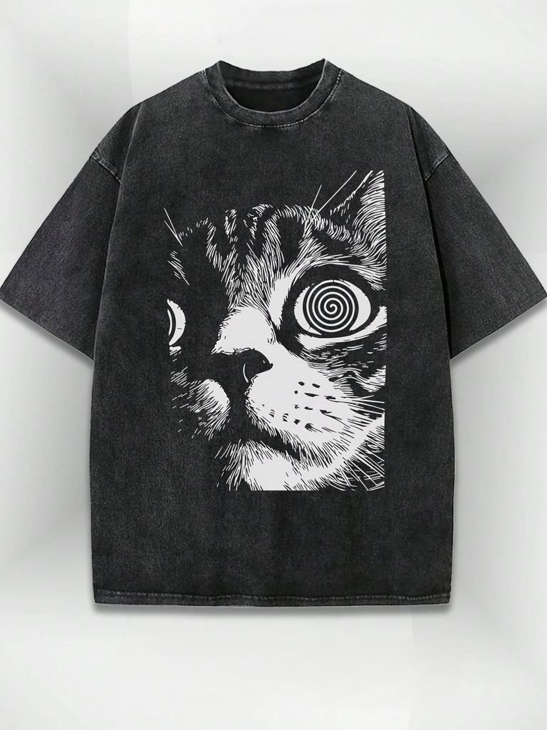 Men's Summer Fun Psychedelic Cat Print Washed T-shirt Soft Comfortable Street Graffiti Trend Brand Style Unique Daily Outfit