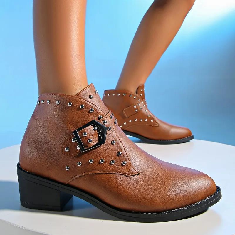 Retro Round Toe Leather Thick Heels Women Chelsea Boots Black Brown Modern Shoes Rivet Belt Buckle Ankle Boot Botas Mujer