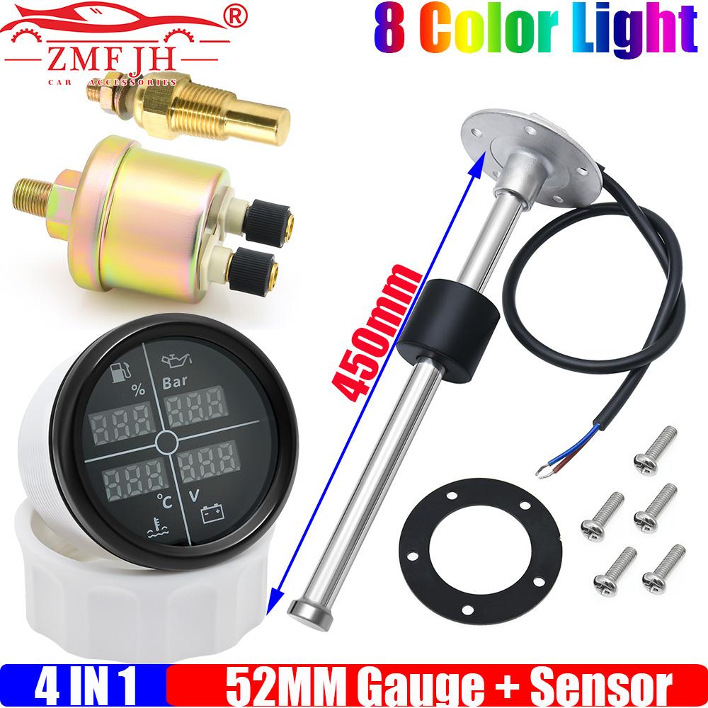 ZMFJH 8 Color LED Multifunctional 52mm Fuel Level Gauge+Oil Pressure+Water Temperature+Voltmeter with Sensor 0-190ohm 100-600mm
