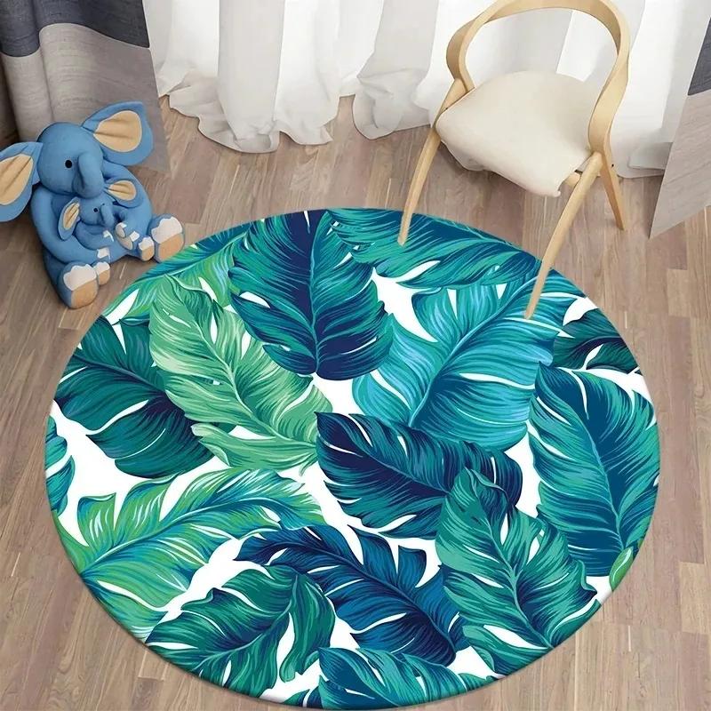 Hawaiian Tropical Leaves Round Carpet Living Room Chair Floor Mat Non-Slip Area Rug for Balcony Table Bedside Sofa Home Decor