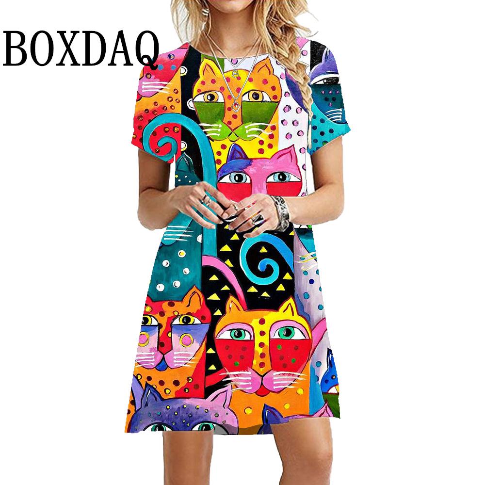 Caton Cute Cat 3D Printed Girl Dress Summer Feminine Kawaii Elegant Cat Casual Dress