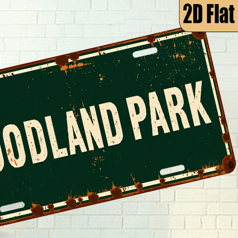 

D Flat Printing Vintage Distressed WOODLAND PARK with Rustic Green White Text Aluminum Tin Painting License Plate Style Na 15x30cm(5.9x7.8inch)