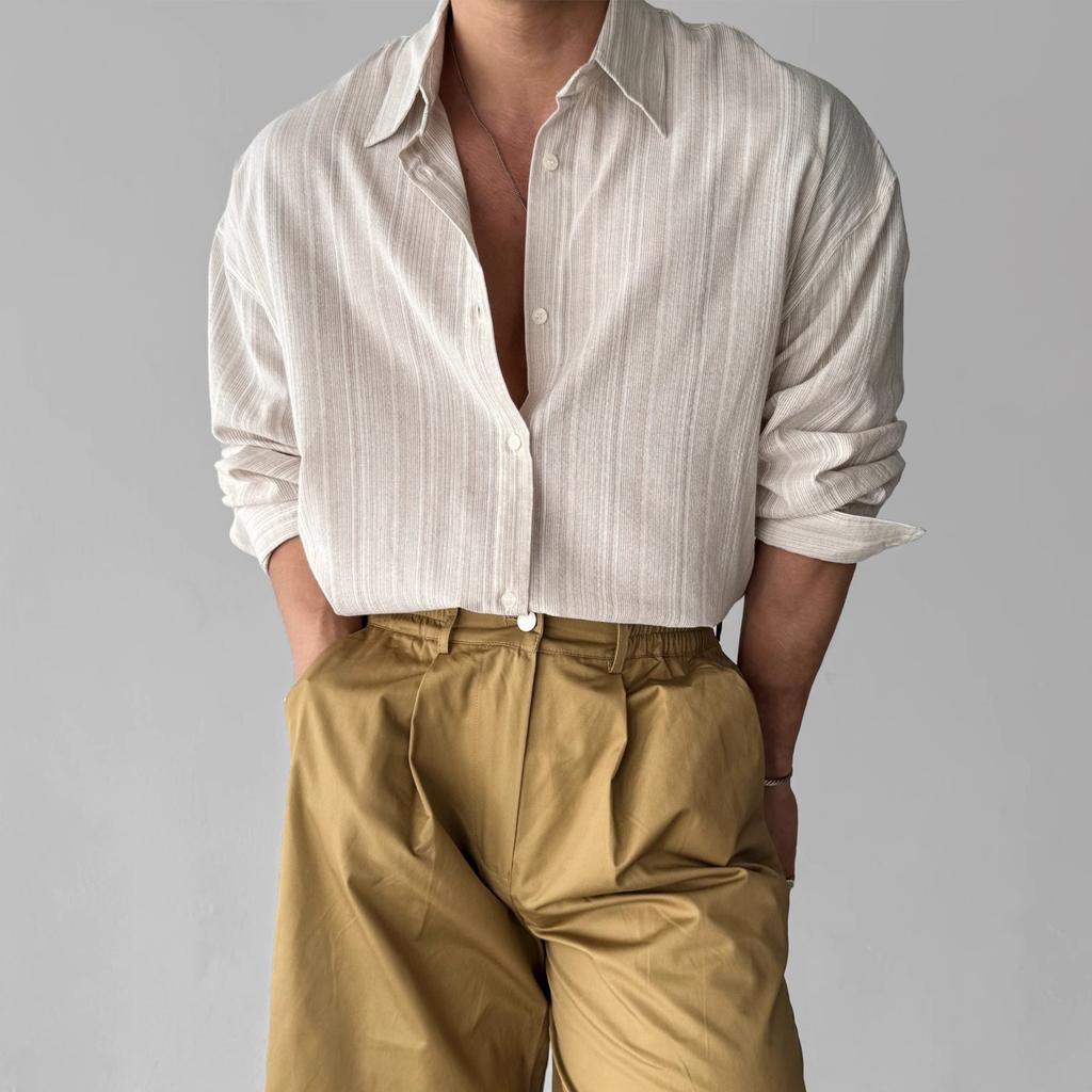 Lněná košile s dlouhým rukávem s proužky pro muže na jaro a léto, lehký a vyzrálý styl, ležérní a lehká košile