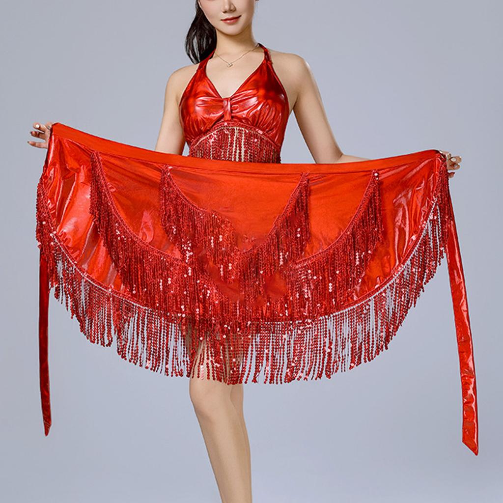 Women's Belly Dance Outfits Latin Dance Costume Sequins Fringe Skirt and Halter Bra Crop Top for Rave Cabaret Party