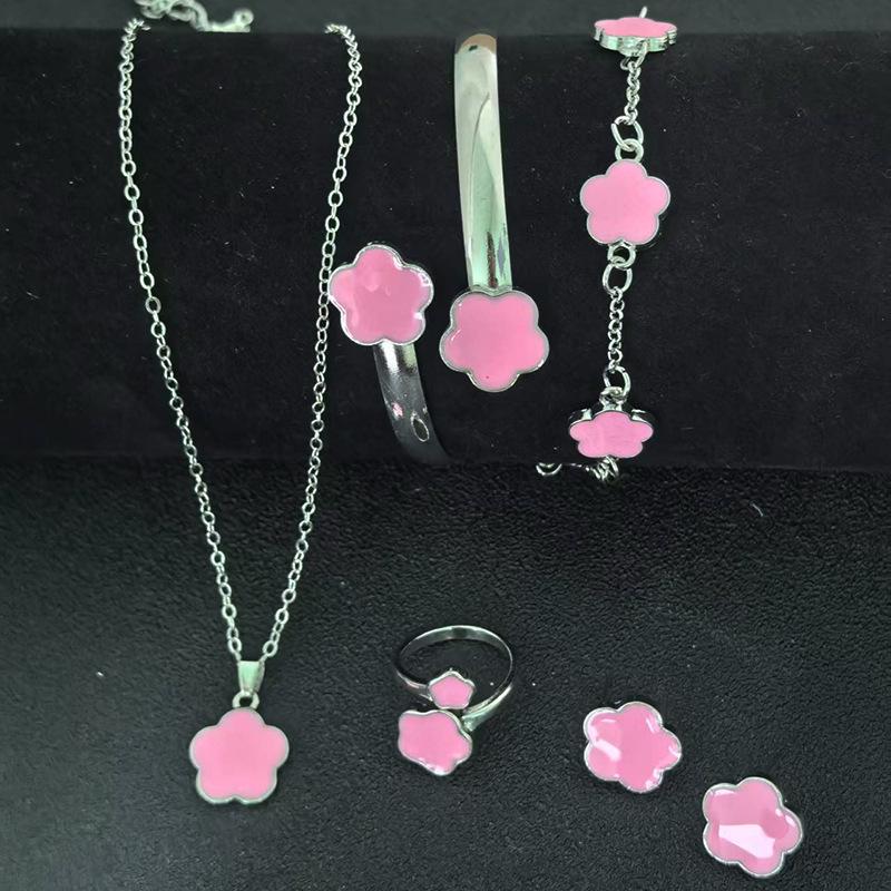 European Elegance: Five-Petal Flower Jewelry Set (Necklace, Bracelet, Bangle, Earrings, Ring)