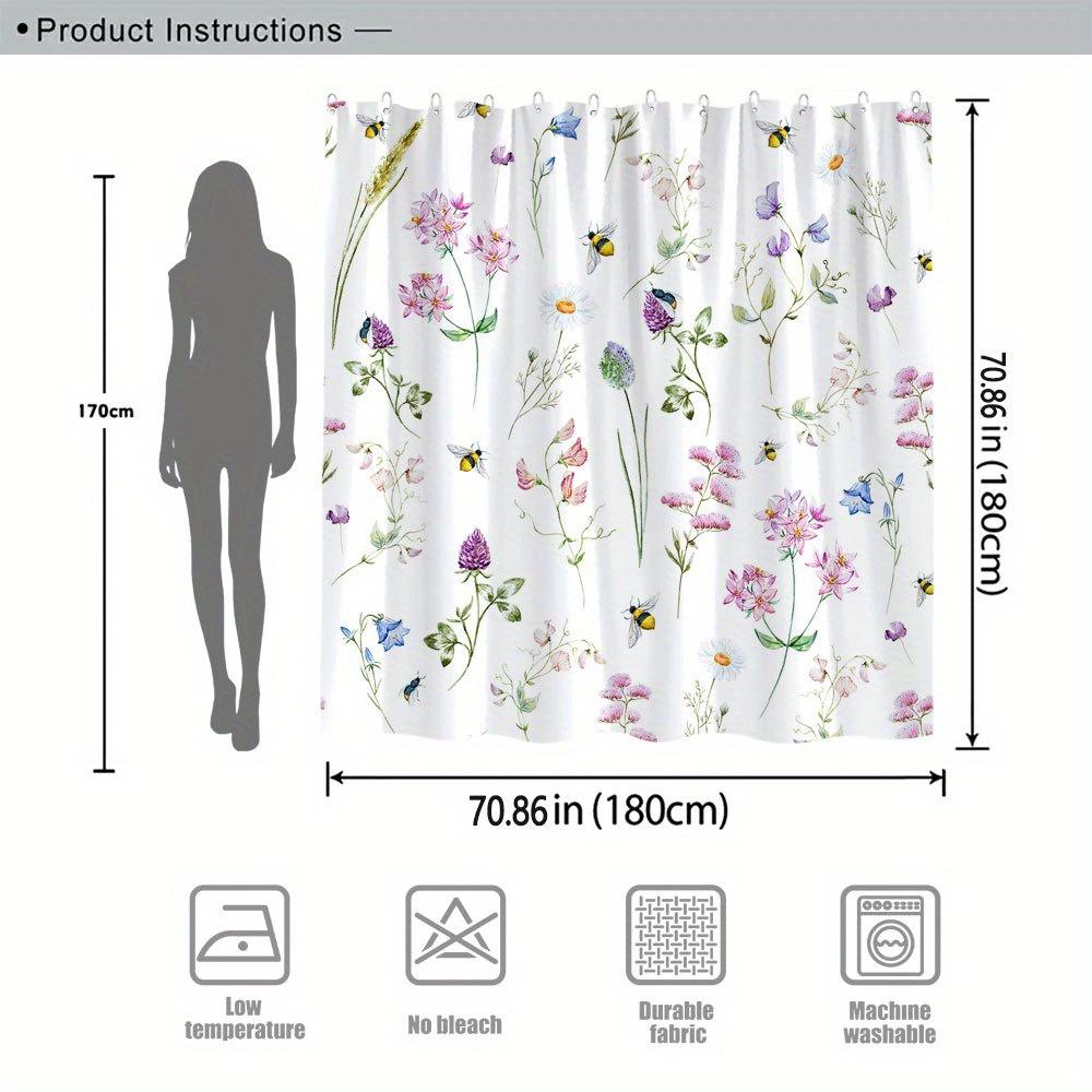 1 Watercolor Floral Shower Curtain With Lavender, Pink And Purple Flowers, Bees And Butterflies, With Hooks, Machine Washable