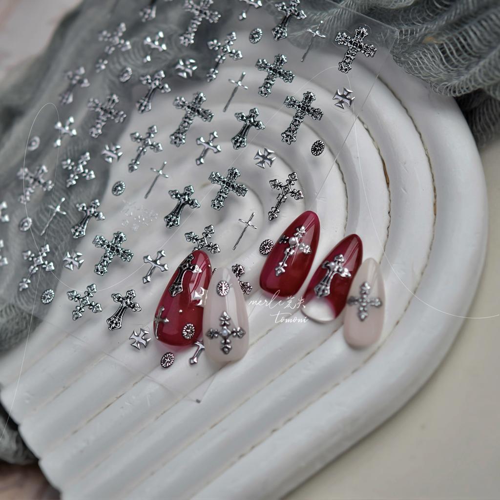 Retro Cross Nail Art Accessories Stickers Gold Silver Bronzing Multi Stely Cross Nail Stickers DIY Back Adhesive Manicure Decals