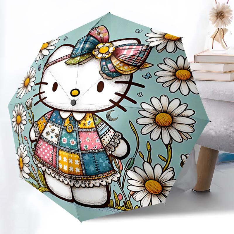 1pc Hello Kitty Daisy Patchwork with Automatic Opening Umbrella - Portable Tri-Fold Design, 8-Bone Iron Frame, Outdoor Umbrella, Ideal Gift for Fans,