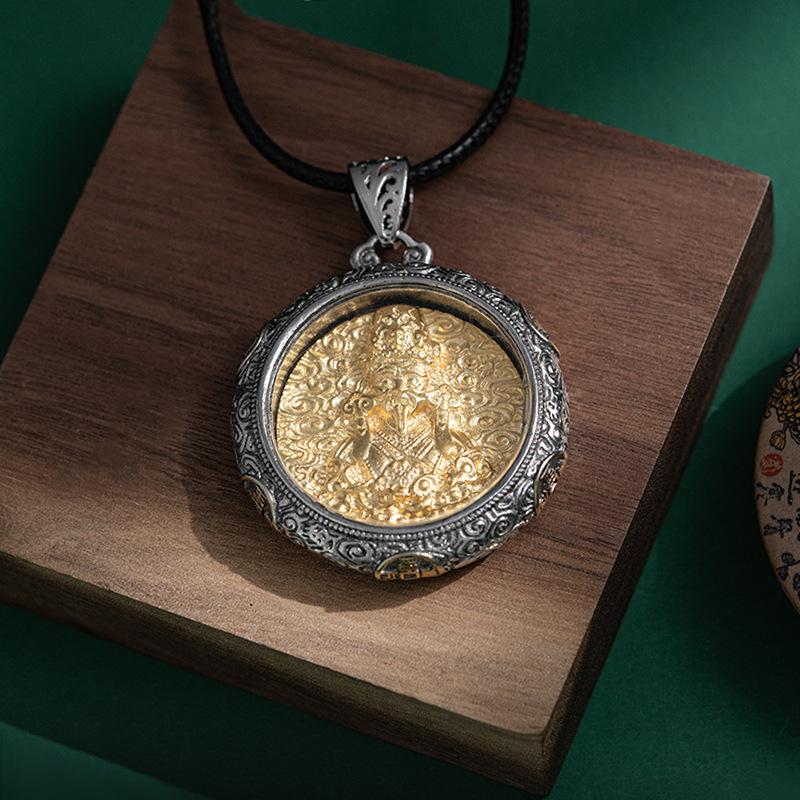 JMXD-Inlaid Copper Tibetan Zakiram God of Wealth Round Necklace, Retro Personalized Men's and Women's Safety Pendant