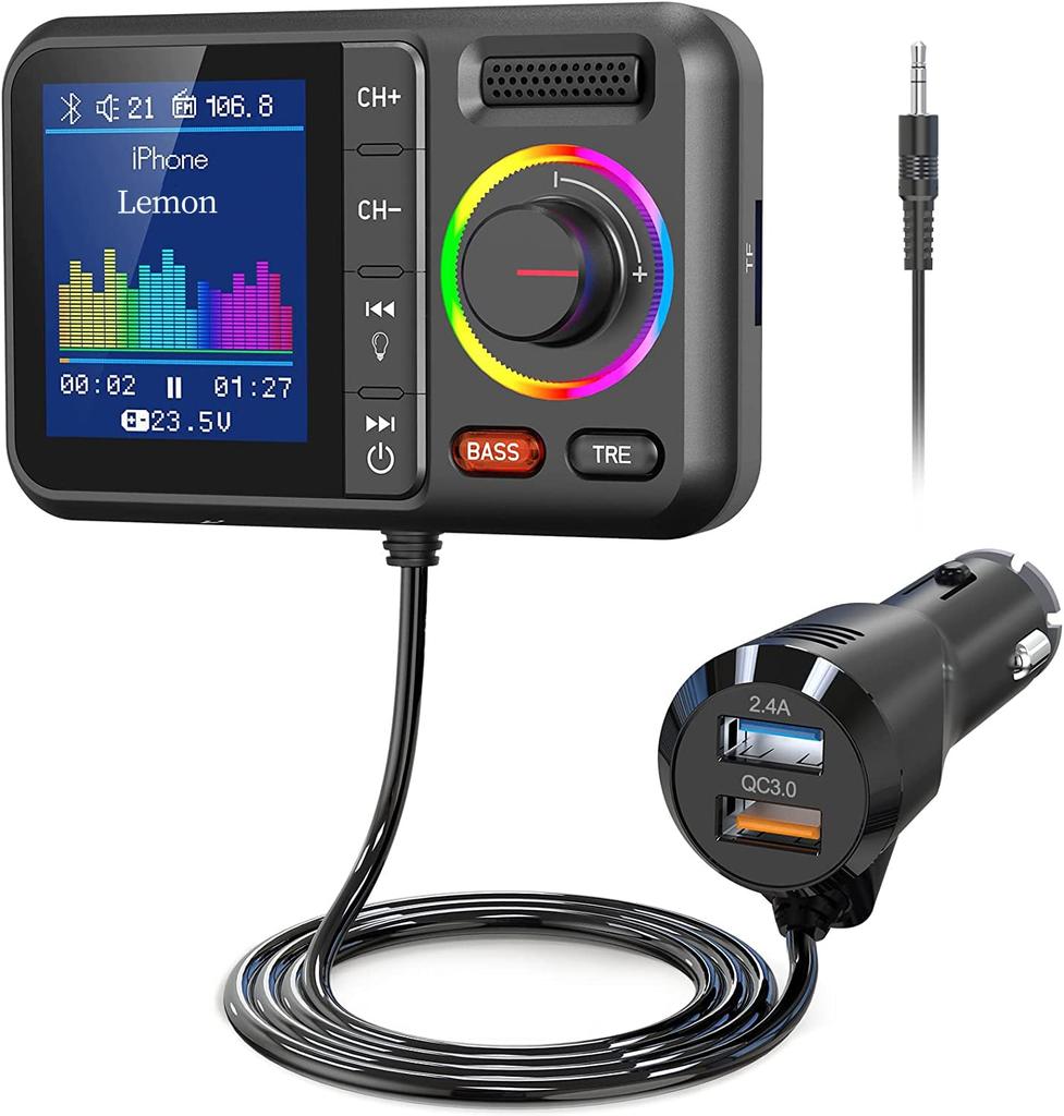 HUNDRUP FM Transmitter, Bluetooth 5.0, QC3.0 Rapid Charging, 2 USB Ports, Siri Voice Assistant,