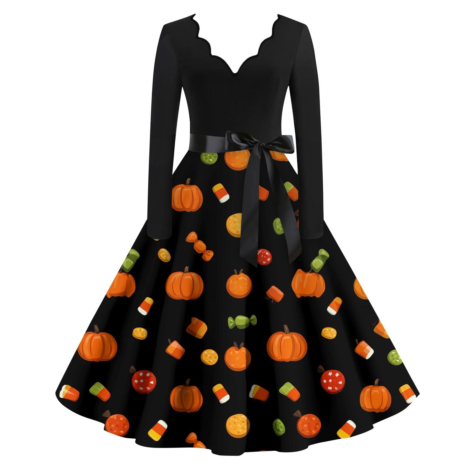 

Women s Fashion Wave Edge V-Neck Casual Slim Halloween Printed Long Sleeve Dresses XL