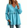 Women's Casual Loose Fit V-Neck Long Sleeve T-Shirt Top with Hem Color