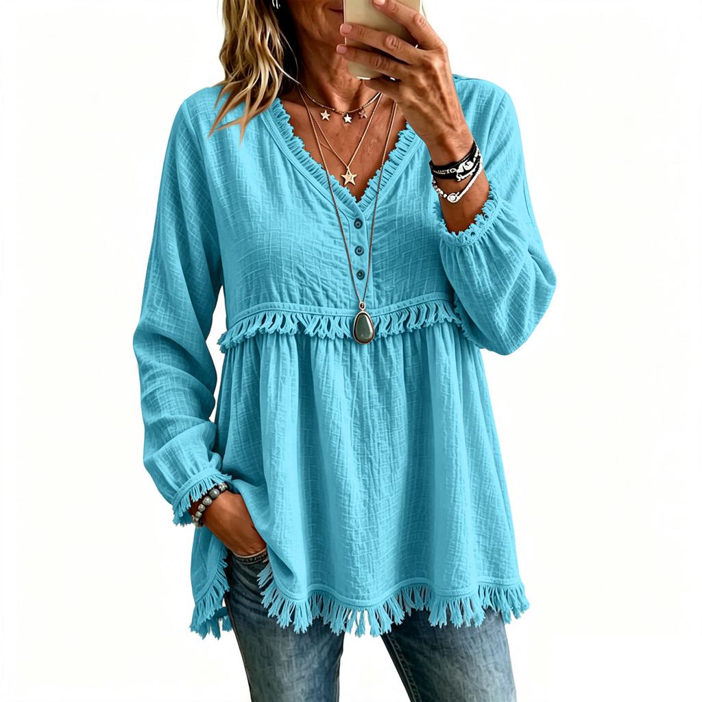 Women's Casual Loose Fit V-Neck Long Sleeve T-Shirt Top with Hem Color