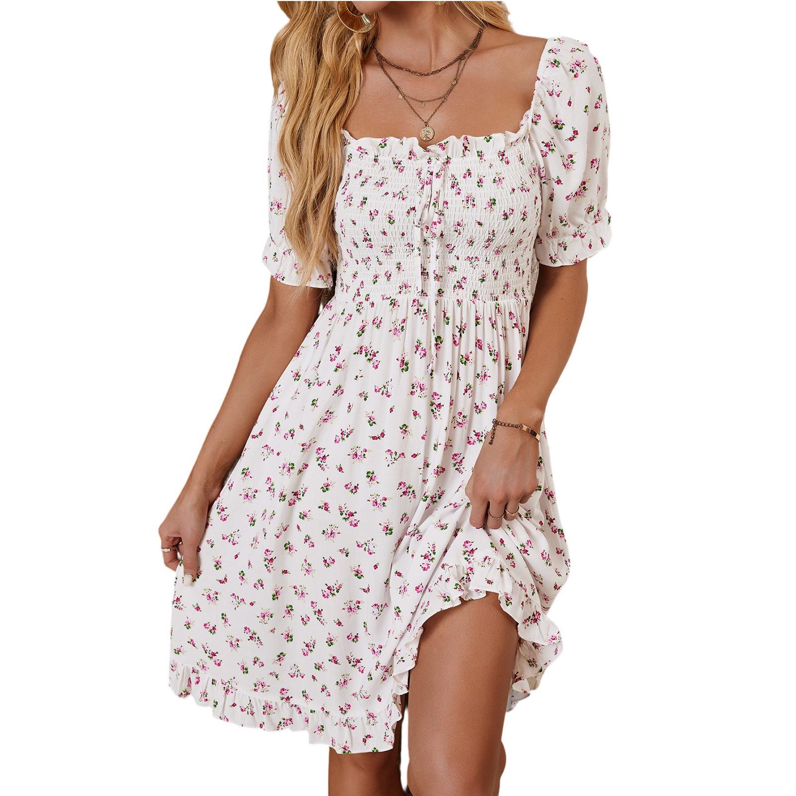 

Женское платье повседневное с цветочным узором, с поясом, с короткими рукавами L белый