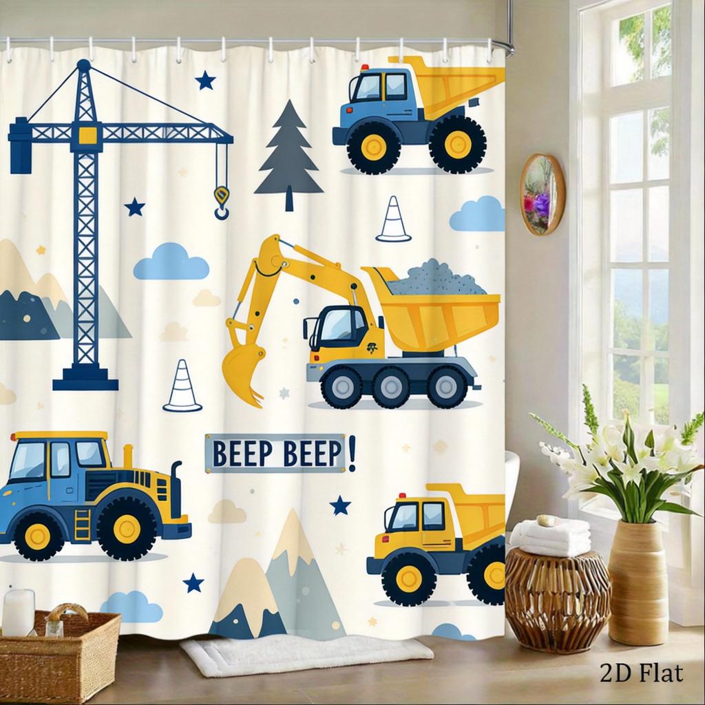 Construction Truck Shower Curtain Yellow Excavator, Dump Truck & Bulldozer On White, Kids' Bathroom Decor For Boys And Toddlers