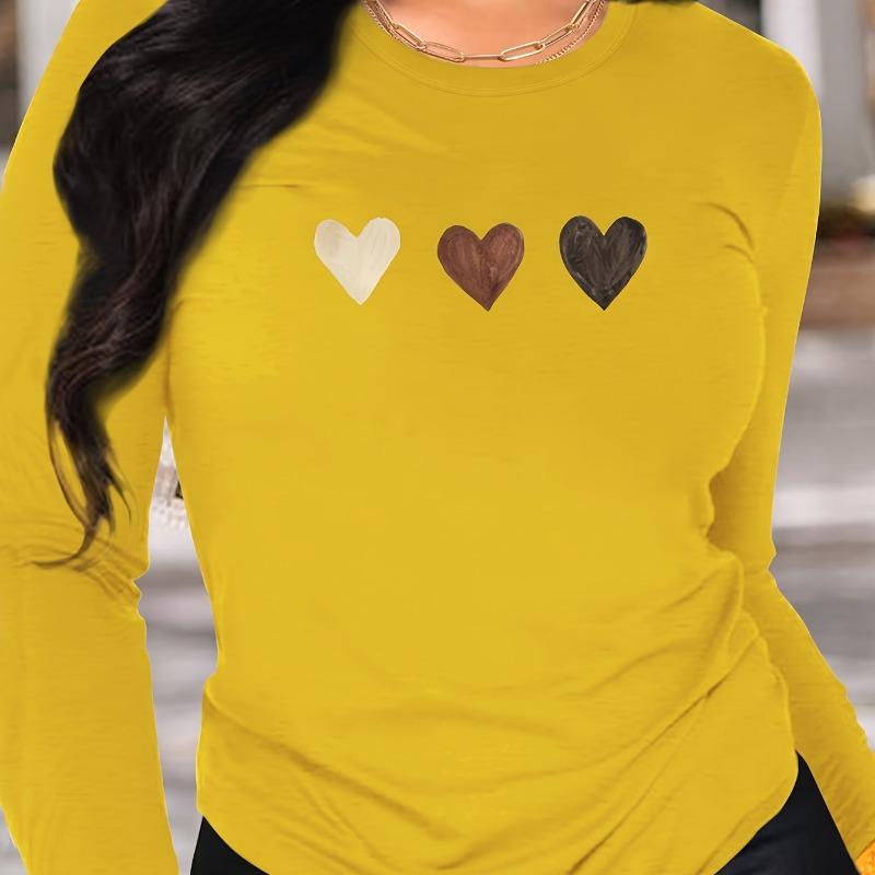 Damen Frühjahrs- und Herbstkleidung Buntes Herz Aufdruck T-Shirt Langarm Rundhals Freizeit Oberteil