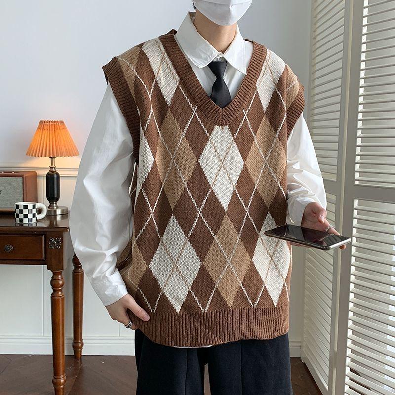 

Unisex Diamond Pattern Knit Vest - Retro Loose Pullover, Sleeveless, Perfect for Spring and Autumn 2XL кавовий