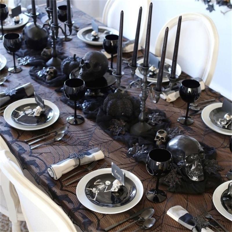 Cobweb Lace Table Runner and Rectangular Mantel Scarf Cover for Holiday Party Decoration, Black Spiderweb Mantel Scarf