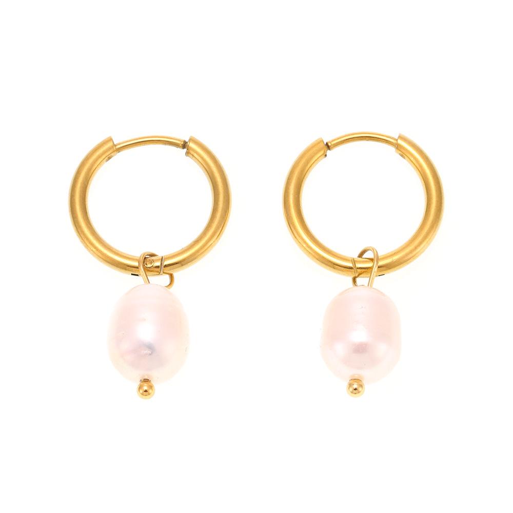 18K Gold-Plated Stainless Steel Earrings with Freshwater Pearl: European & American Style, Fashionably Luxe, Colorfast.