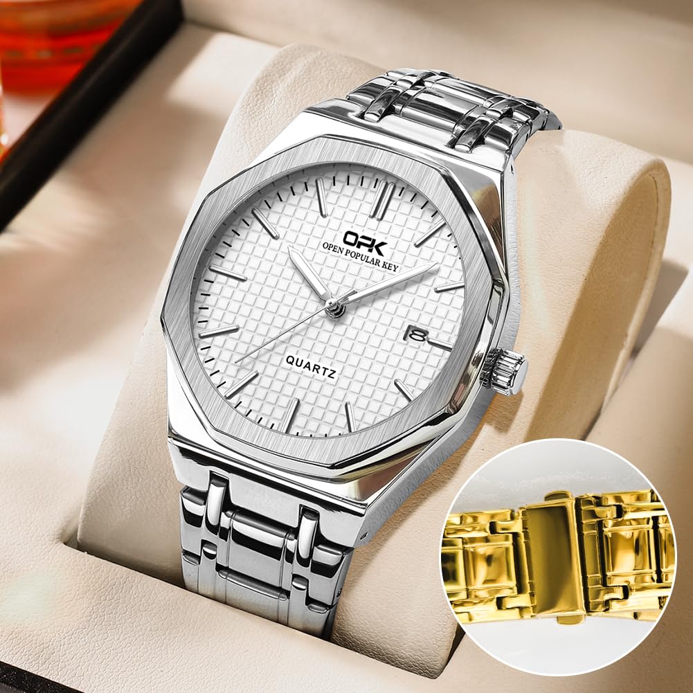 Men's Quartz Business Watch with Luminous Hands, Calendar, DayDate Display, Round Octagonal Bezel, 40mm Diameter, Stainless Steel, Made In Japan