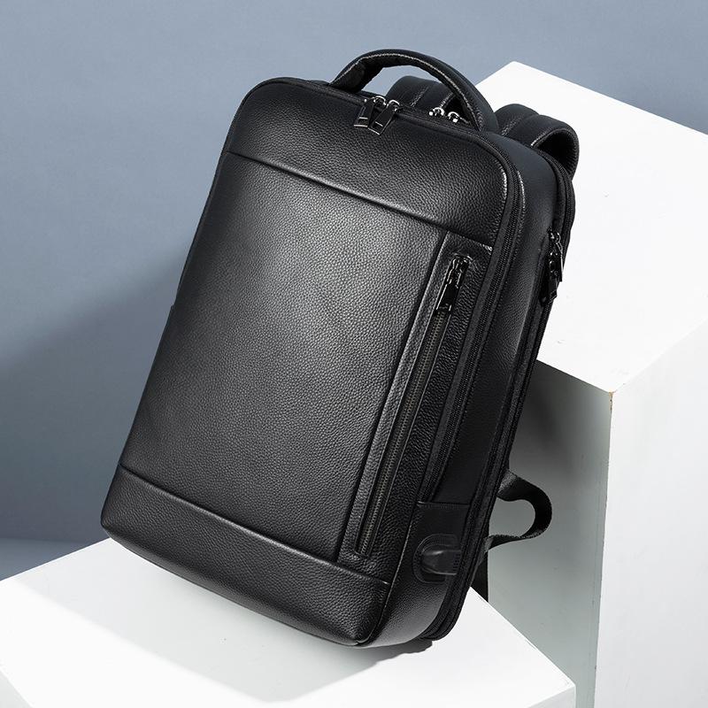 

Простой мужской рюкзак из натуральной кожи, деловой, вместительный, рюкзак для компьютера с принтом личи, USB-рюкзак чёрный