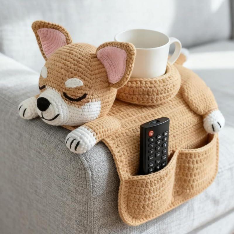Borsa Portaoggetti a Forma di Divano per Cani all'Uncinetto, Decorazione Portaoggetti da Bracciolo per Divano Intrecciato per Animali Domestici, Con 2 Tasche e Un Portabicchieri